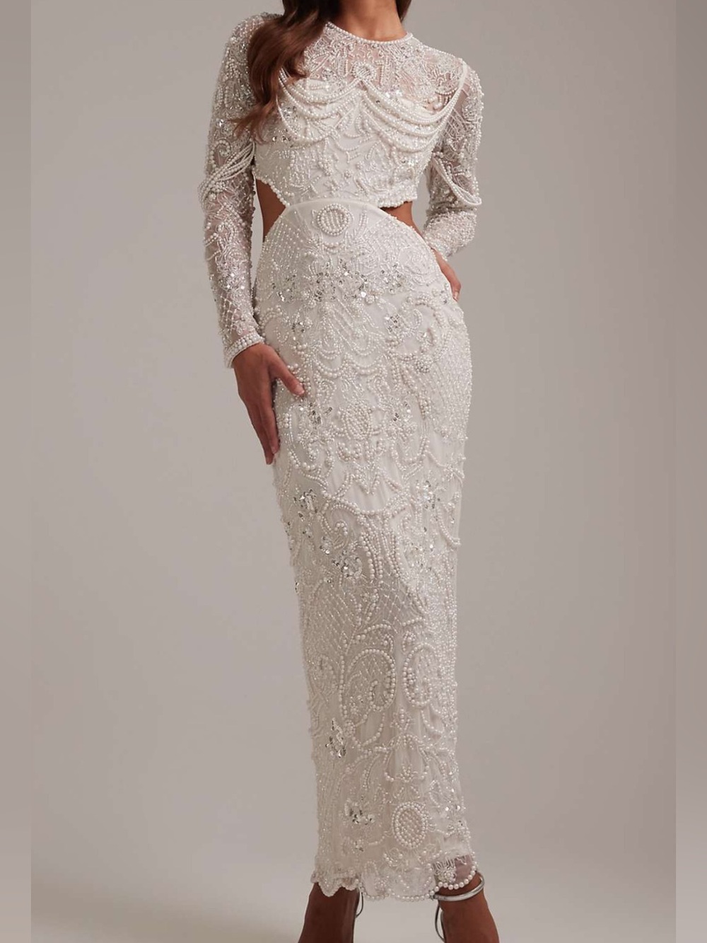 ASOS Ivory Beaded Long Sleeve Cutout Evening Dress